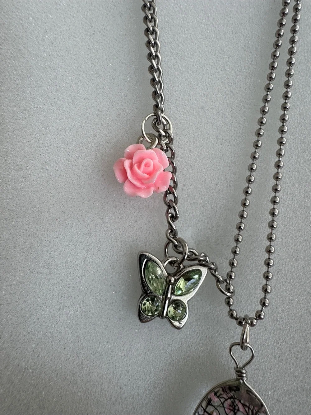Silver-Tone Pink & Green Butterfly Pendant Necklace with Pink Rose Charm